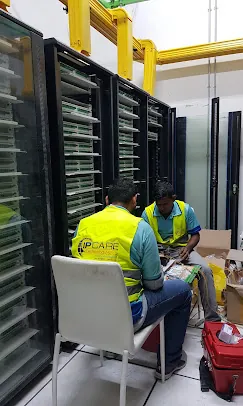 IP Care engineers building out optical distribution frames at Paragon Mall, Abu Dhabi