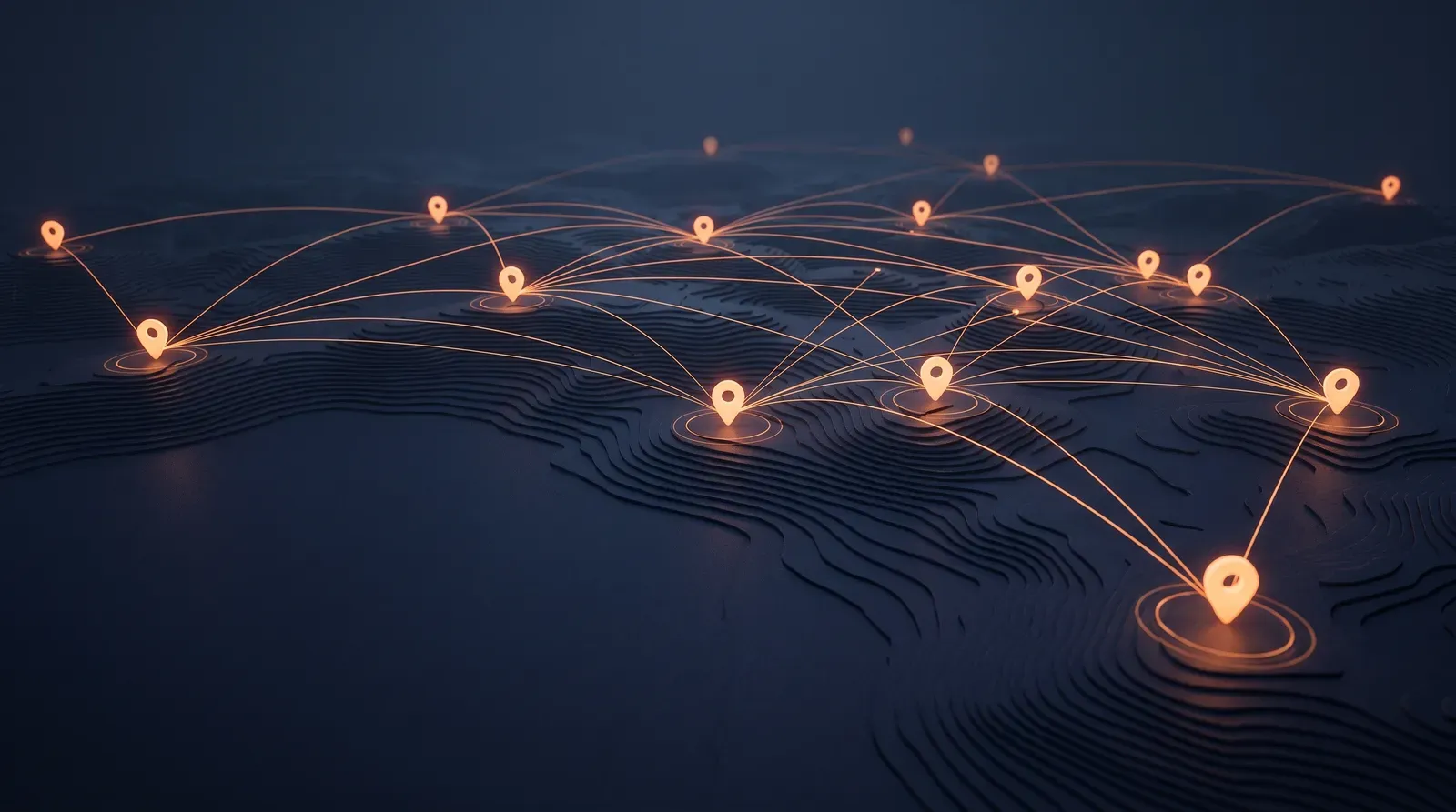 Distributed field sites connected by glowing geofence rings and location pins