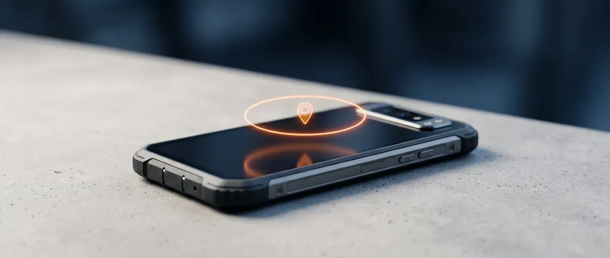 A rugged smartphone with a glowing orange geofence ring above its screen