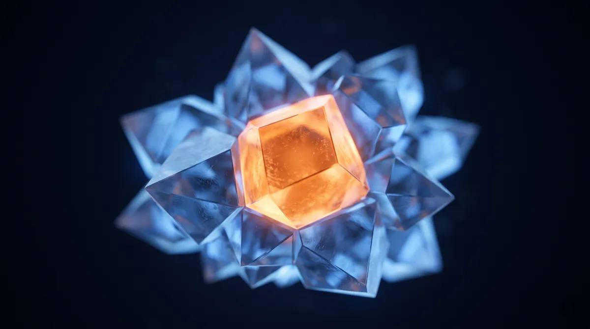 Close-up of crystalline facets glowing in orange and blue light