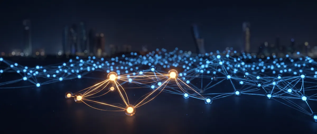 Close-up of glowing connected nodes with Abu Dhabi's skyline softly visible behind them