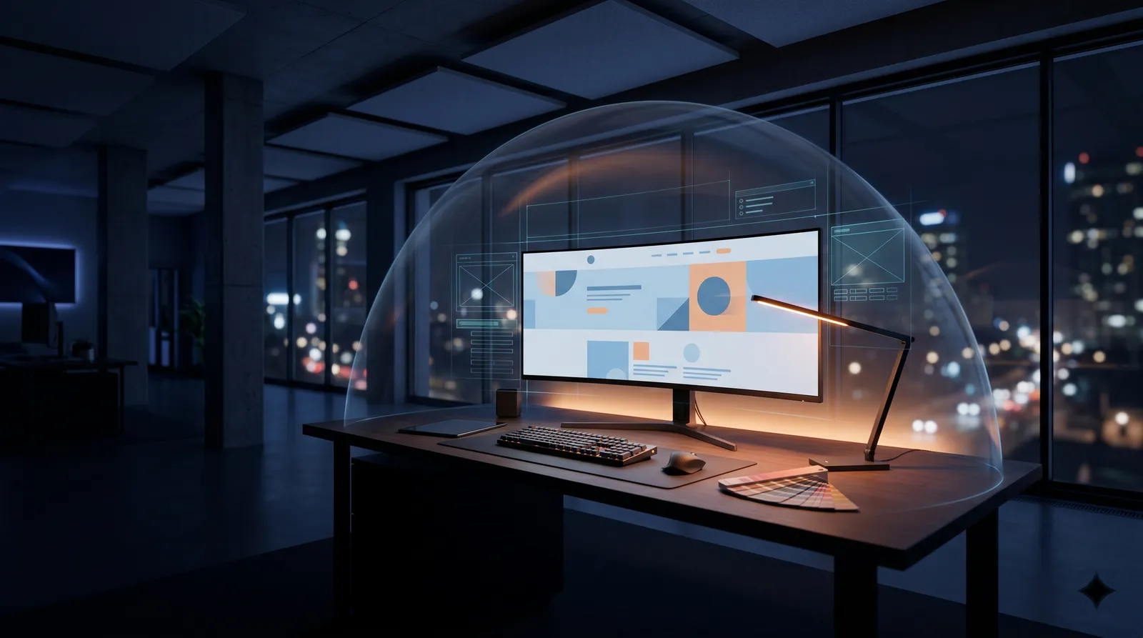 Web design studio with a large monitor showing a website layout in a dark office