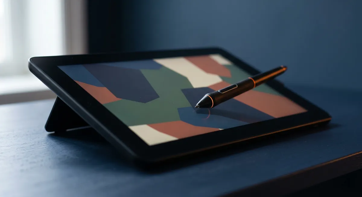Tablet showing a responsive website layout on a navy desk
