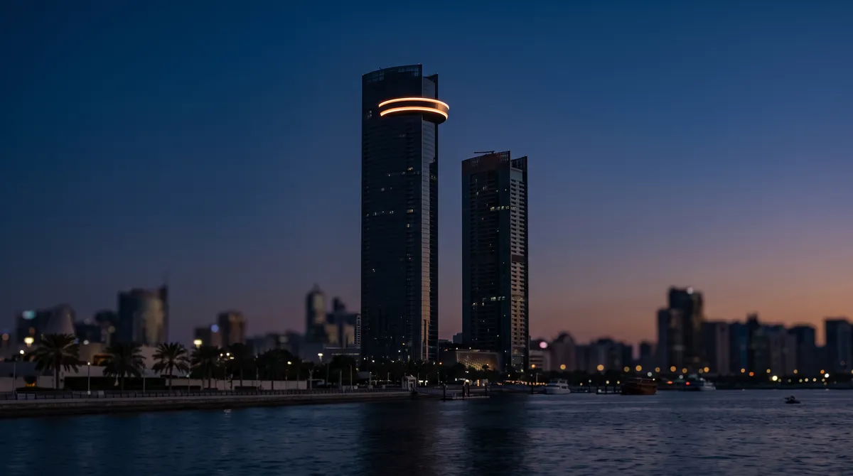 A soft orange ring of light glowing against a silhouetted Abu Dhabi tower at dusk