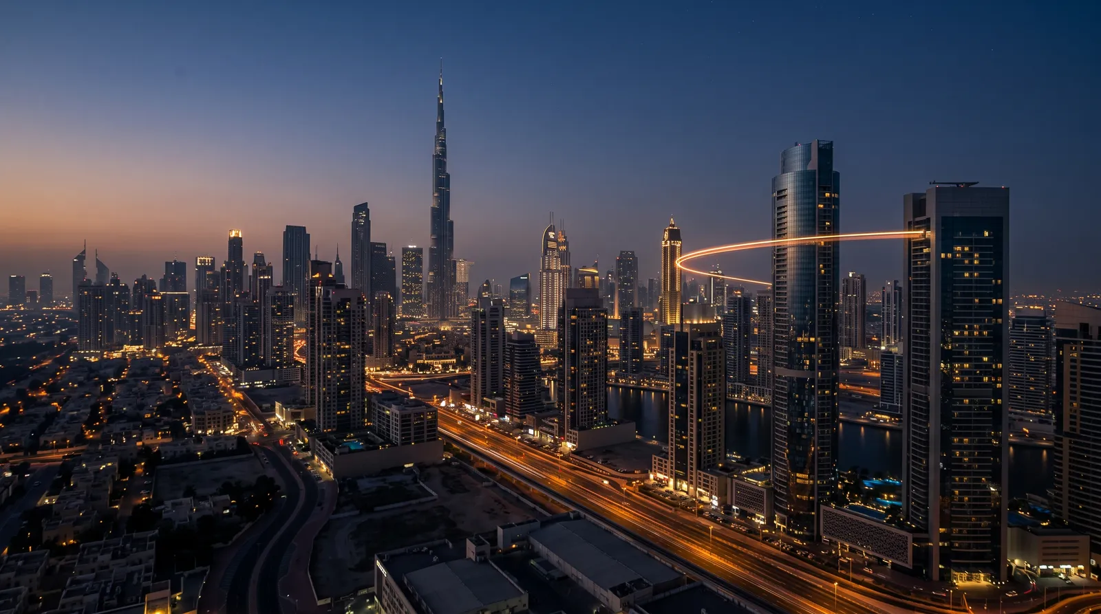 Dubai downtown skyline at dusk with a thin arc of orange light trailing between two towers