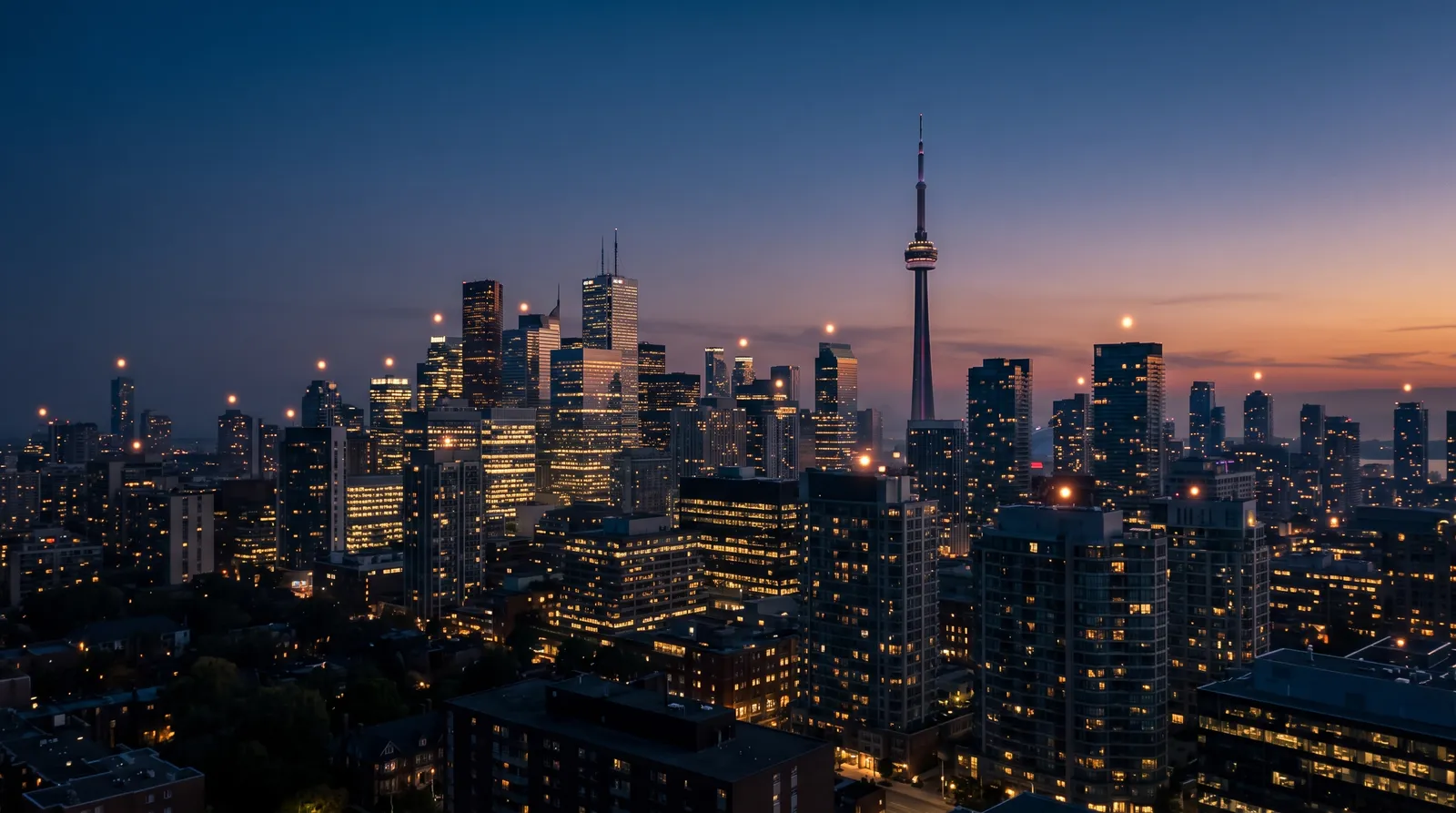 Toronto skyline at dusk with the CN Tower and scattered points of orange signal light