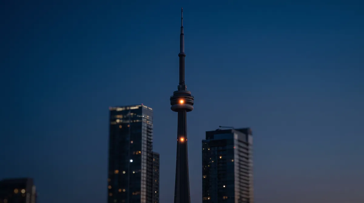 CN Tower and downtown towers at dusk with two small orange pulse-points of light