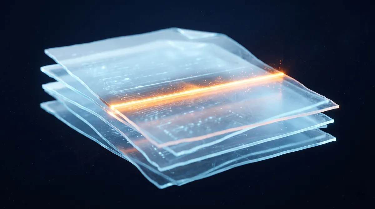 Close-up of a warm orange light band crossing a stacked document shape