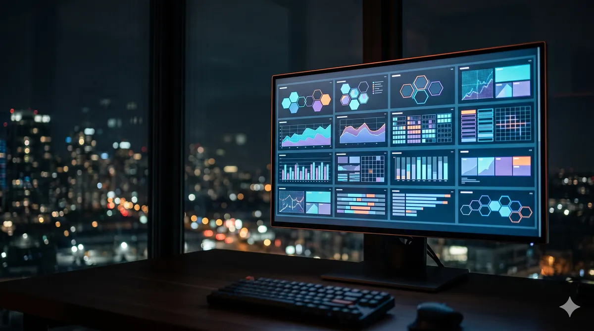 Large monitor showing dashboard panels with a city skyline visible beyond the window