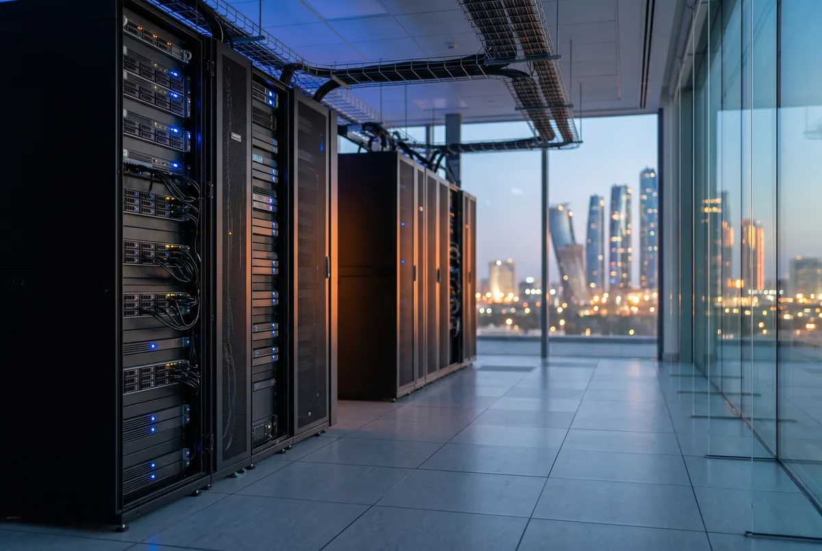 Server room overlooking the Abu Dhabi skyline