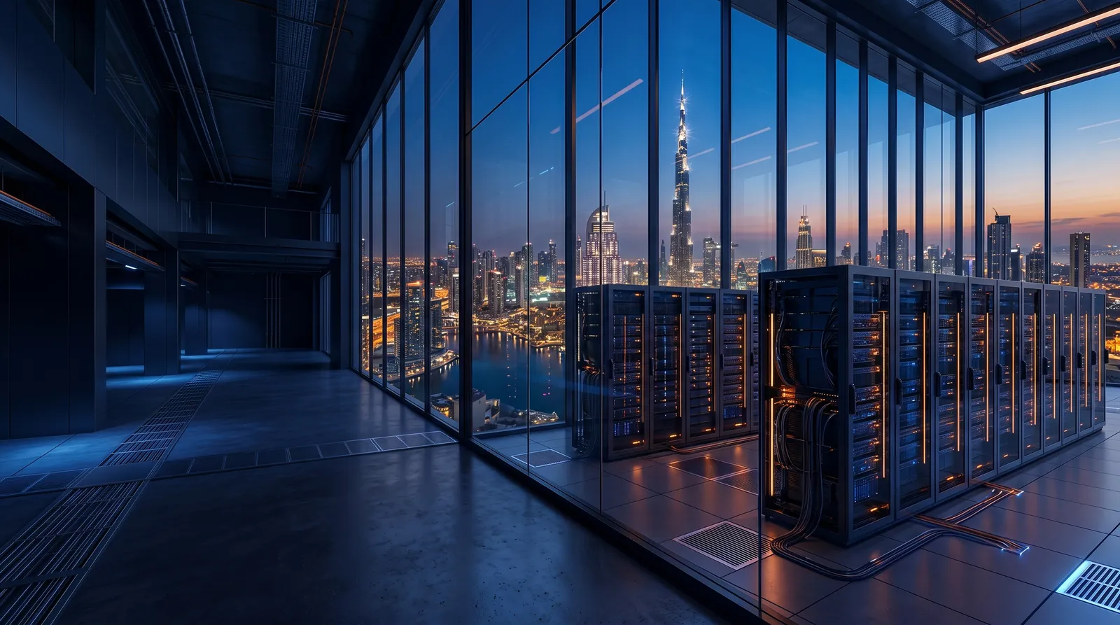 Data centre with the Dubai skyline at dusk
