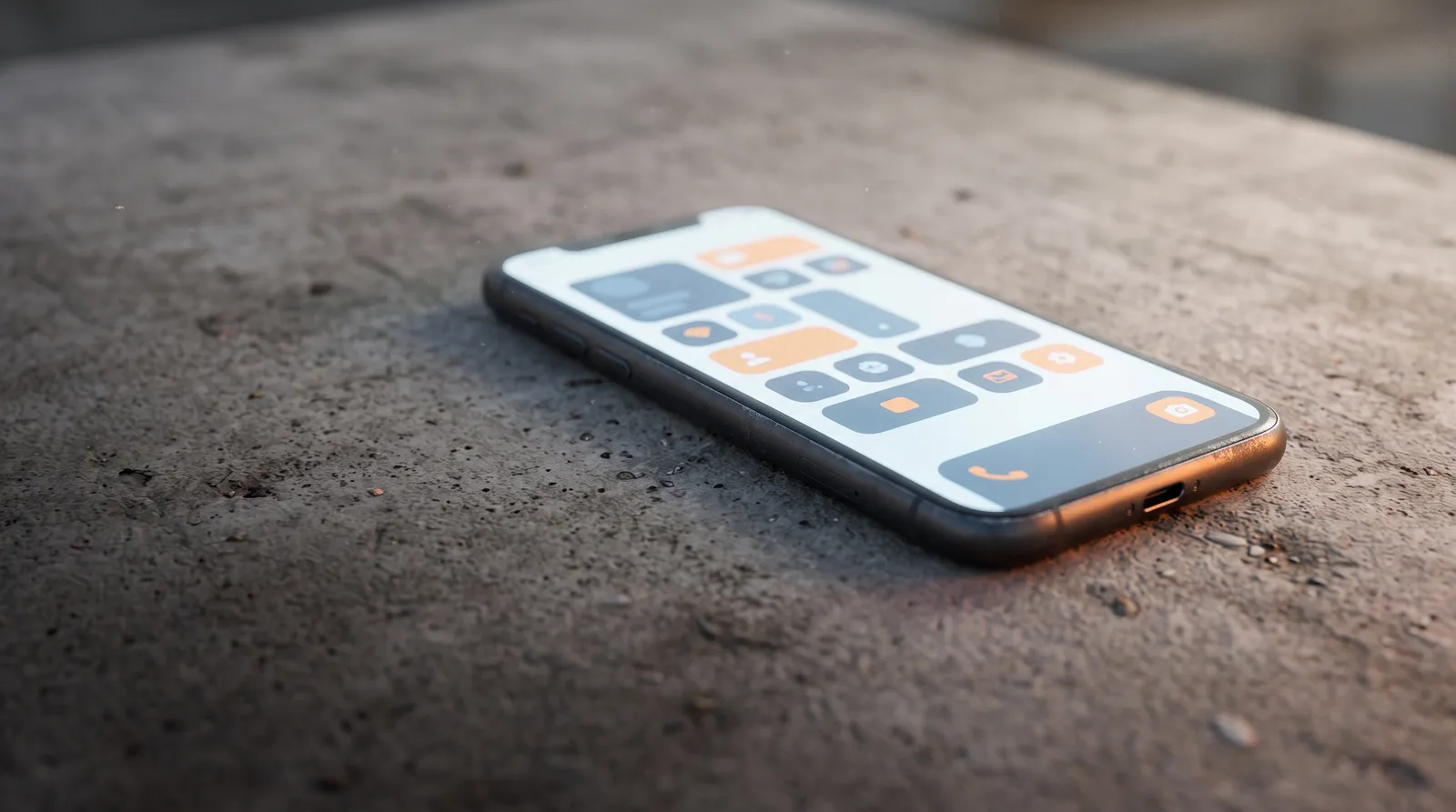 Smartphone resting on a textured concrete surface showing an app interface