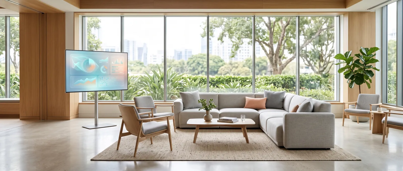 Bright daylight lounge space with a slim screen showing a product dashboard graphic