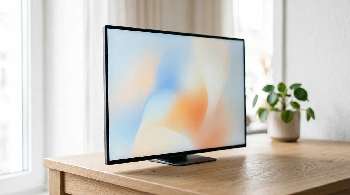 Slim screen on a light wood surface showing a soft product interface in daylight