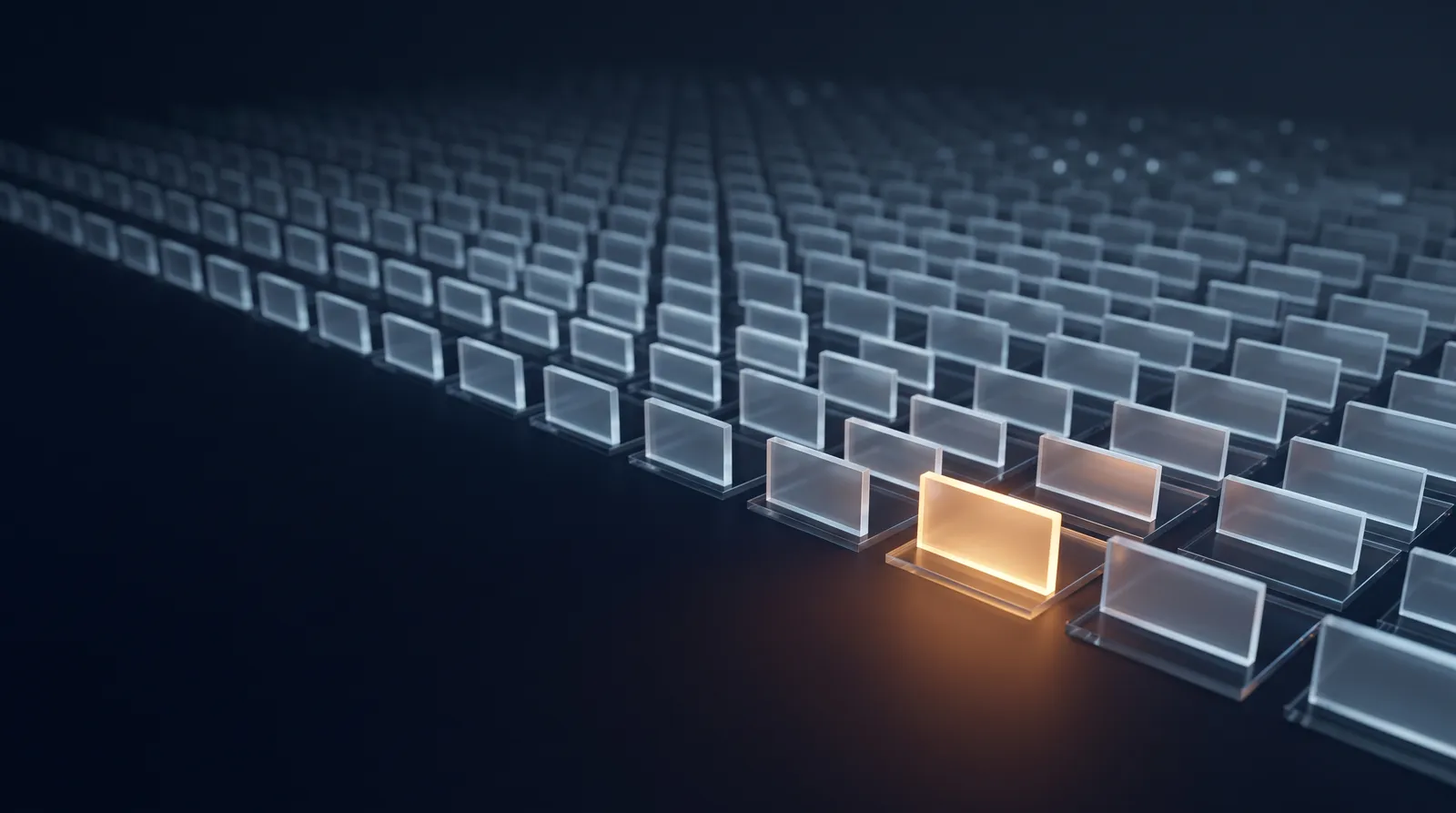 Grid of glowing translucent panels with one lit orange in a dark navy void