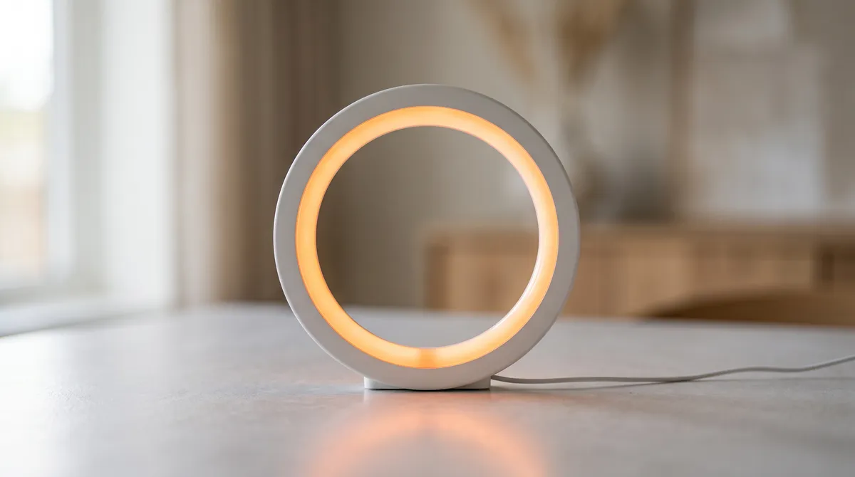 A ring light with a warm orange reflection glowing in its circular tube