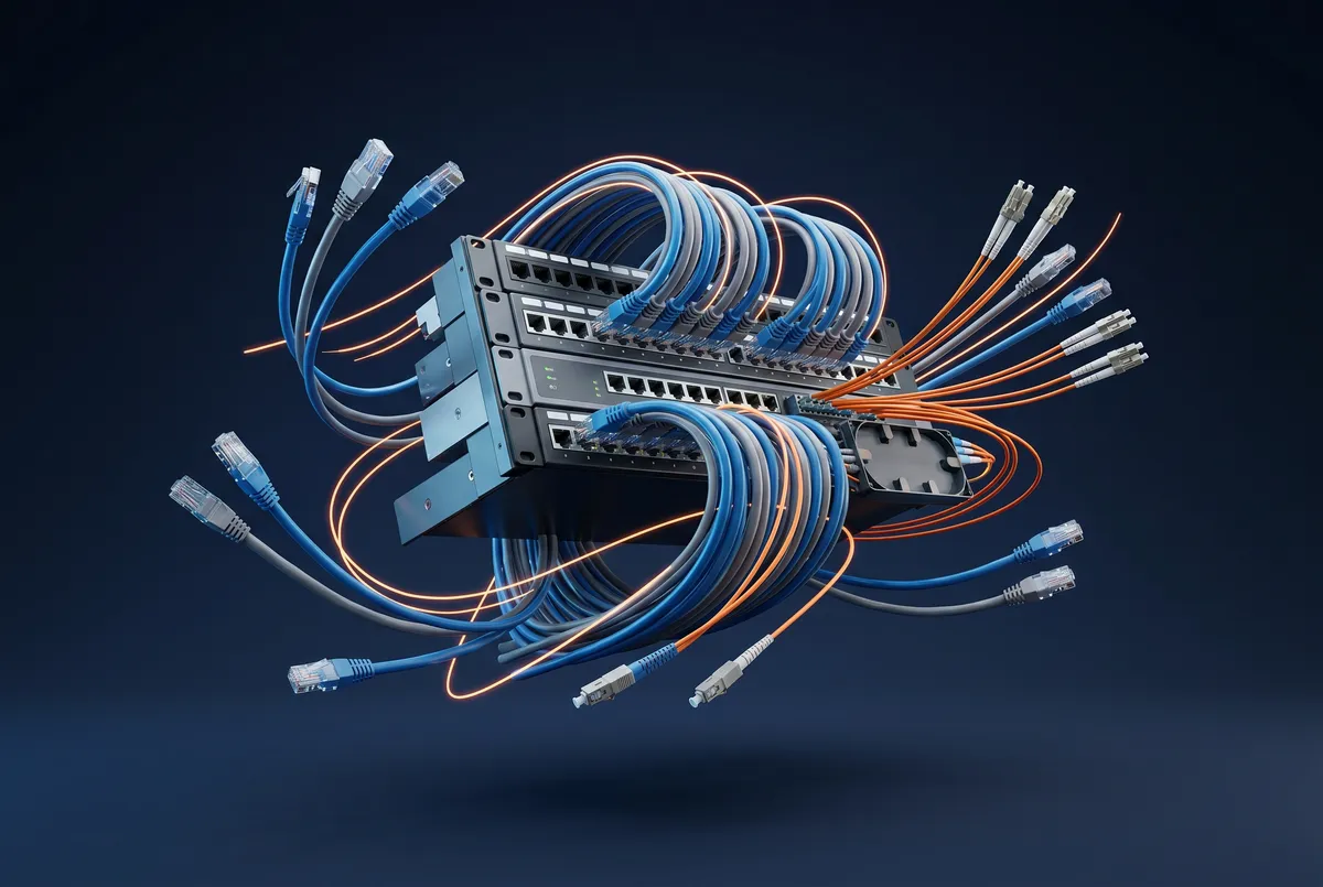 IP Care engineer terminating Cat6A structured cabling in a patch panel in the UAE