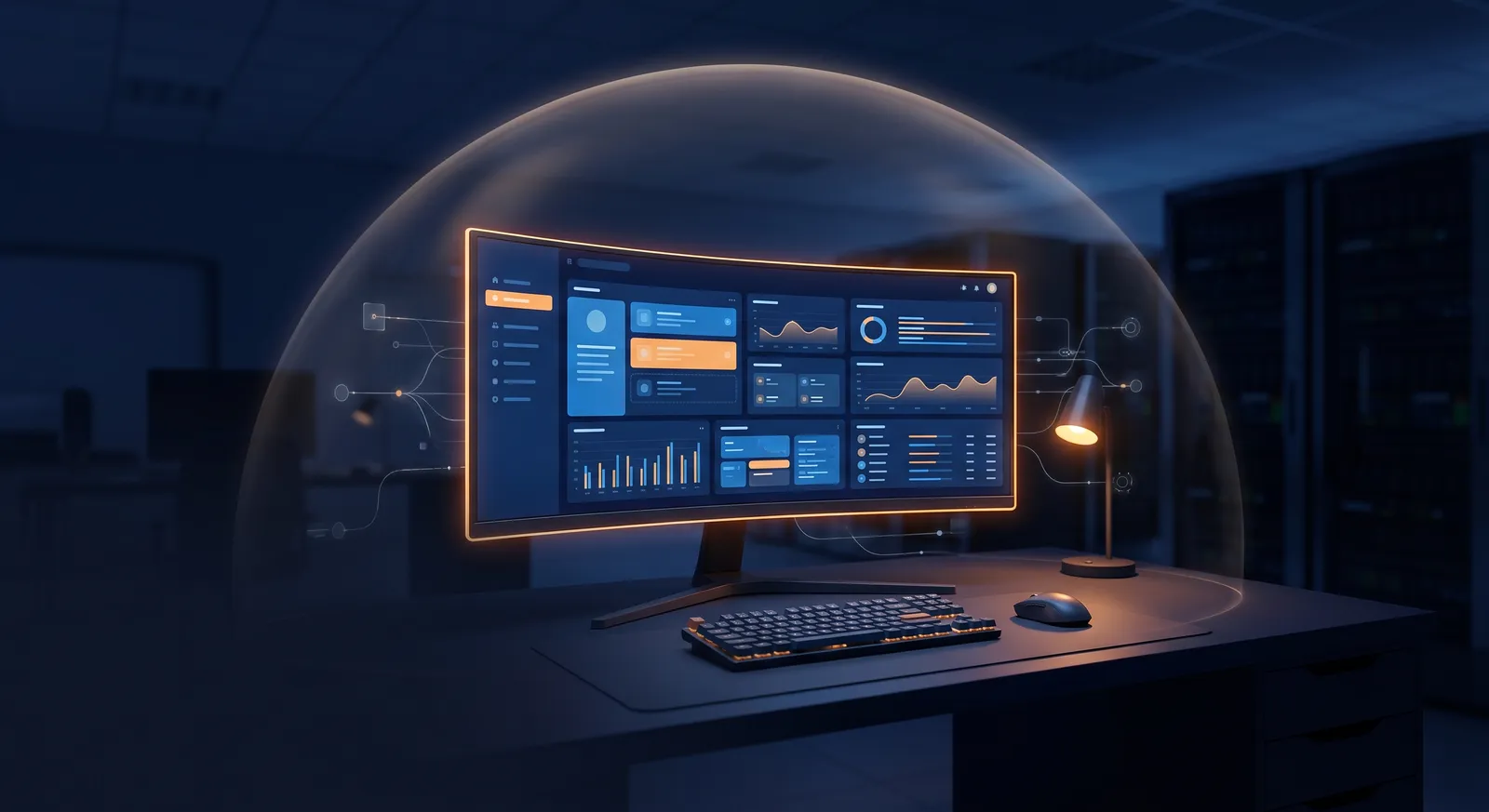 Curved ultrawide monitor showing dashboard panels in a dark office