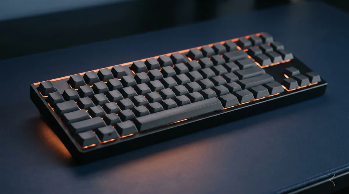 Mechanical keyboard on a navy surface with soft orange backlight