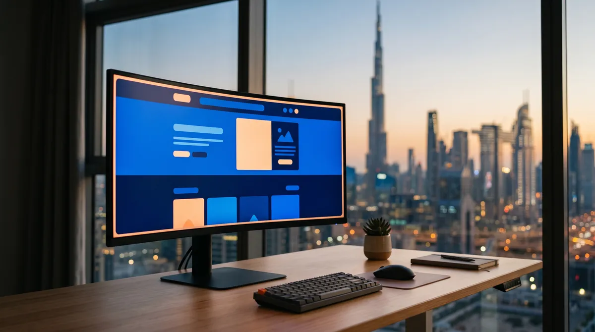 Curved monitor showing an e-commerce website layout with Dubai's skyline blurred behind it