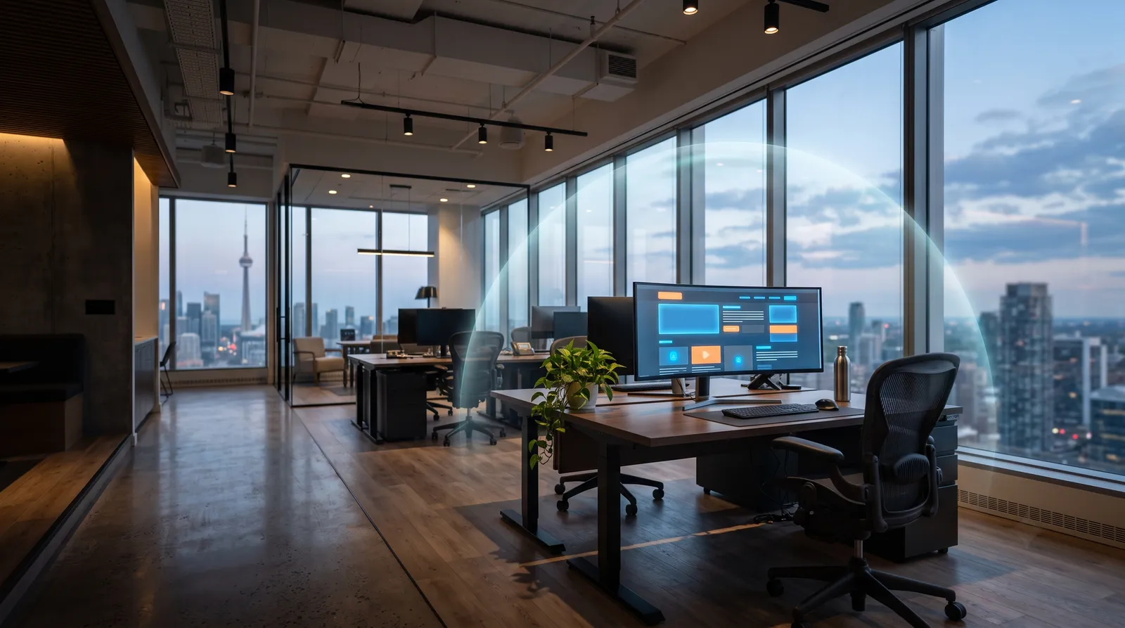Office workstation with Toronto's skyline visible through the window