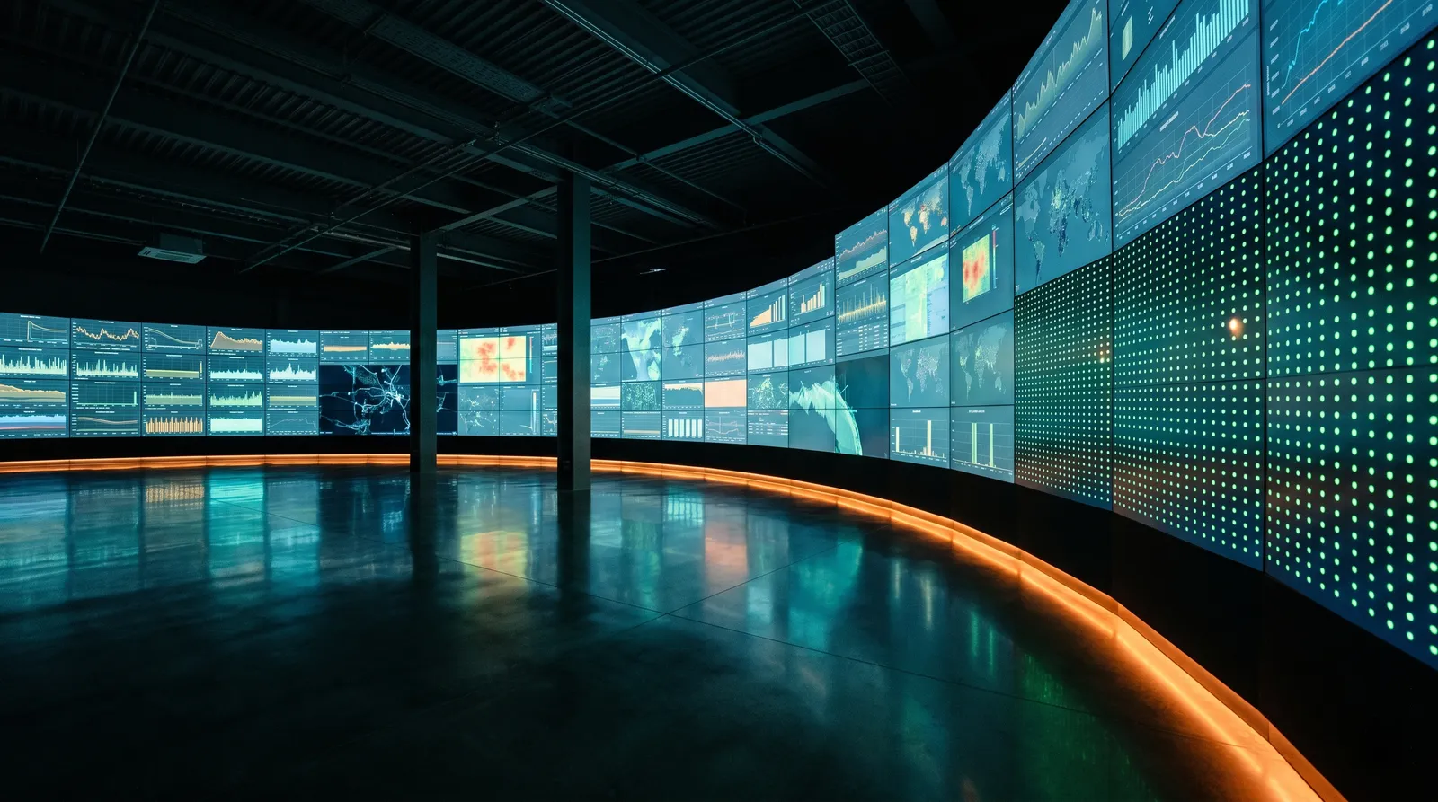 Wall-mounted status display with green indicator lights in a monitoring station